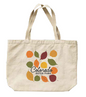 A catalog-style product image showing a canvas tote bag with a printed fall leaf graphic and the words 'Colorado Estes Park.' The top panel shows the printed design on a flat fabric sample, and the bottom panel shows the tote bag itself.