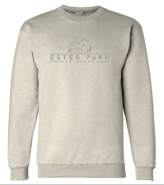 Beige sweatshirt with 'Estes Park' logo on a white background