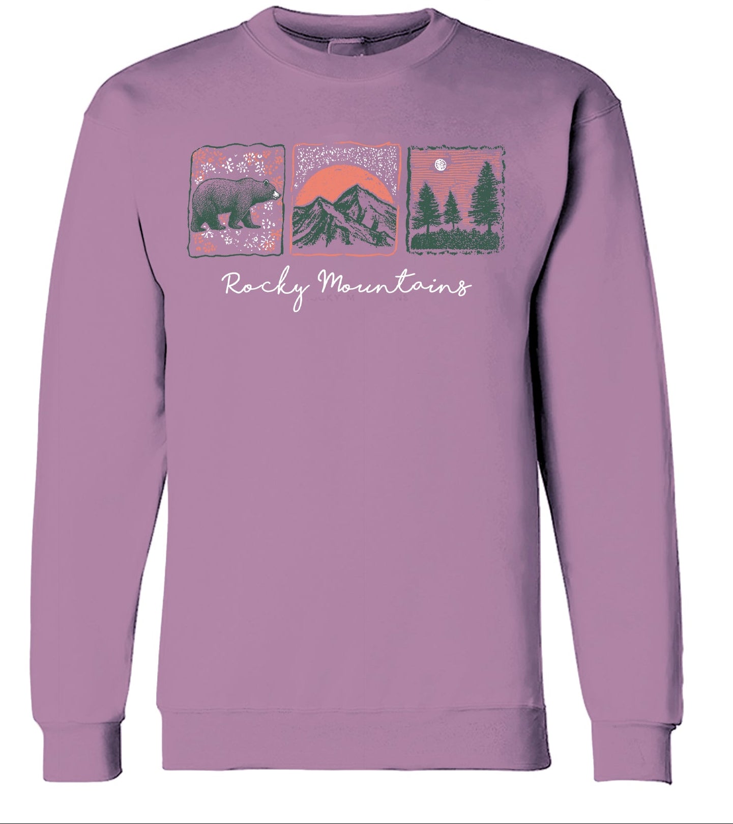 Purple sweatshirt with 'Rocky Mountains' design featuring a bear, mountains, and trees on a light purple background.