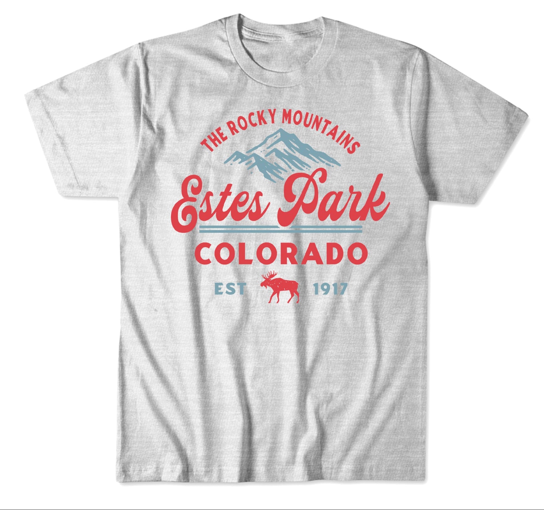 A light heather gray t-shirt featuring a red and blue graphic print that reads 'The Rocky Mountains Estes Park Colorado Est 1917' with a moose illustration. The image includes a top detail view of the graphic and a bottom view of the t-shirt on a white background.