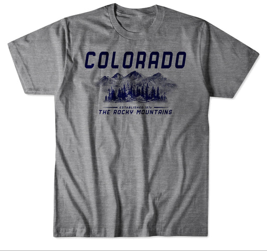 Gray t-shirt with 'Colorado' and mountain graphic on a white background
