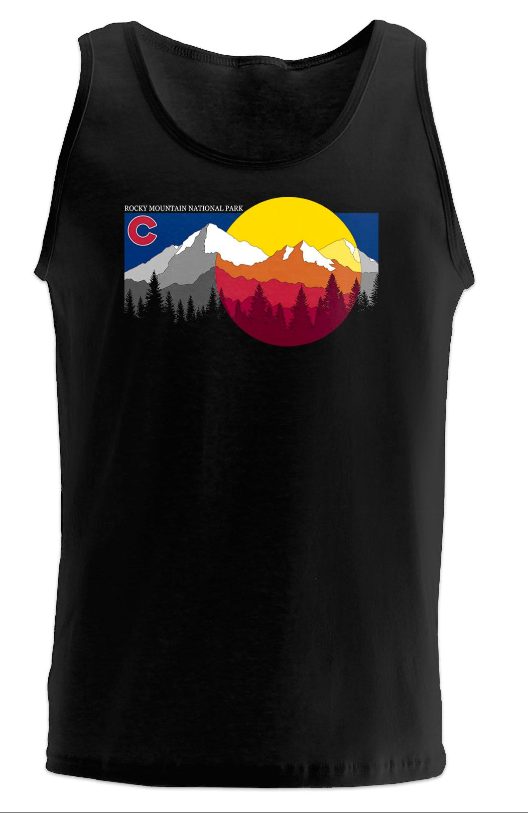 Black tank top with Rocky Mountain National Park graphic on a white background